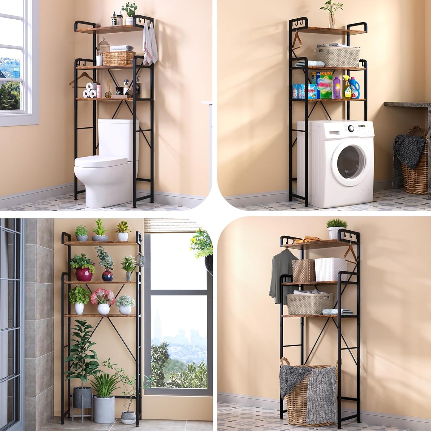 Over The Toilet Storage Rack with 3-Tier Bathroom Shelves, Space Saver Toilet Shelf, Bathroom Storage Organizer with Hooks for Over Toilet Storage and Shelf (Rustic Brown)