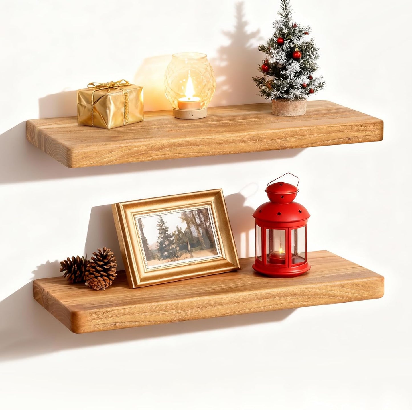 Fun Memories Rustic Solid Elm Wood Floating Shelves, 16" W x 8" D Floating Shelf Wall Mounted, 8 Inch Deep Wall Shelves, Wooden Bathroom Shelf for Home, Deep Bookshelf for Living Room, Set of 2