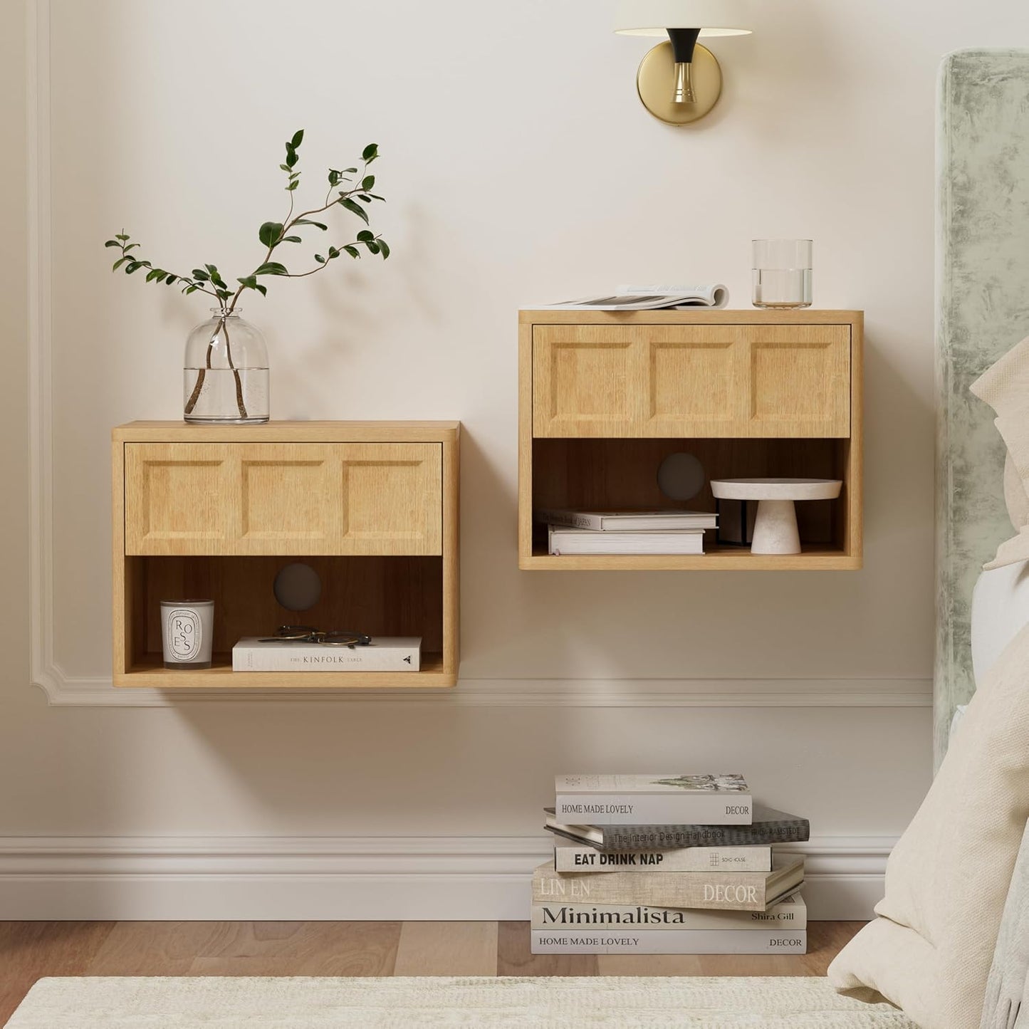 Floating Nightstand Set of 2, Wall Mounted Bedside Table with Storage Drawer and Open Shelf, Modern Night Stand with Curved Corners for Living Room, Bedroom, Dorm, Natural Oak