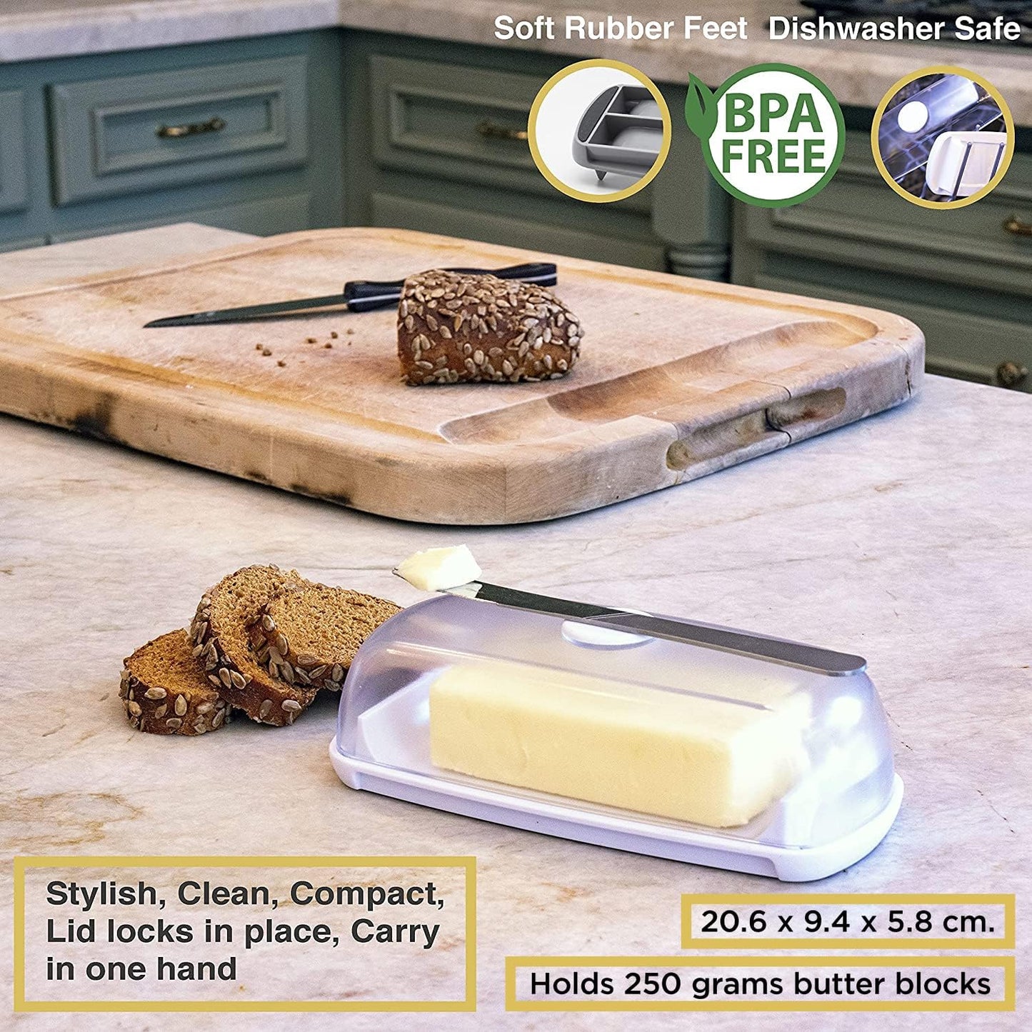 Butter Hub Extra Large Butter Dish with Lid and Knife, European Size Magnetic Butter Keeper, Easy Scoop, No Mess Lid, Plastic, Dishwasher Safe (Clear, European / 2 Sticks)