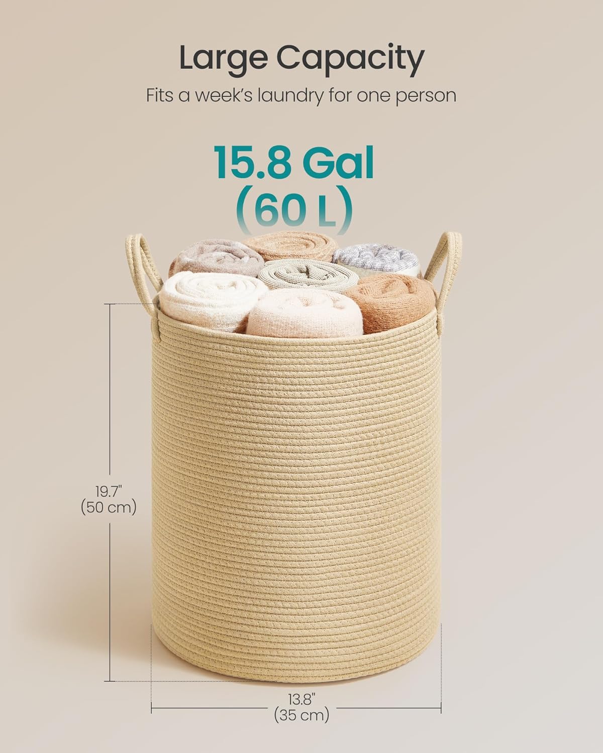 SONGMICS Laundry Hamper, Cotton Rope Laundry Basket with Handles, for Children, Toys, Clothing, Living Room, Bedroom, 15.8 Gallons, 13.8 x 13.8 x 19.7 Inches, Yellowish Brown URLH061KZ01