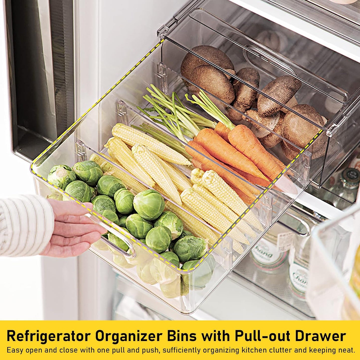 3 Pack Refrigerator Organizer Bins with Pull-out Drawer Stackable Clear Fridge Drawer Organizer Fruit Vegetable Storage Containers for Kitchen Pantry Organization (1 Large+2 Small)