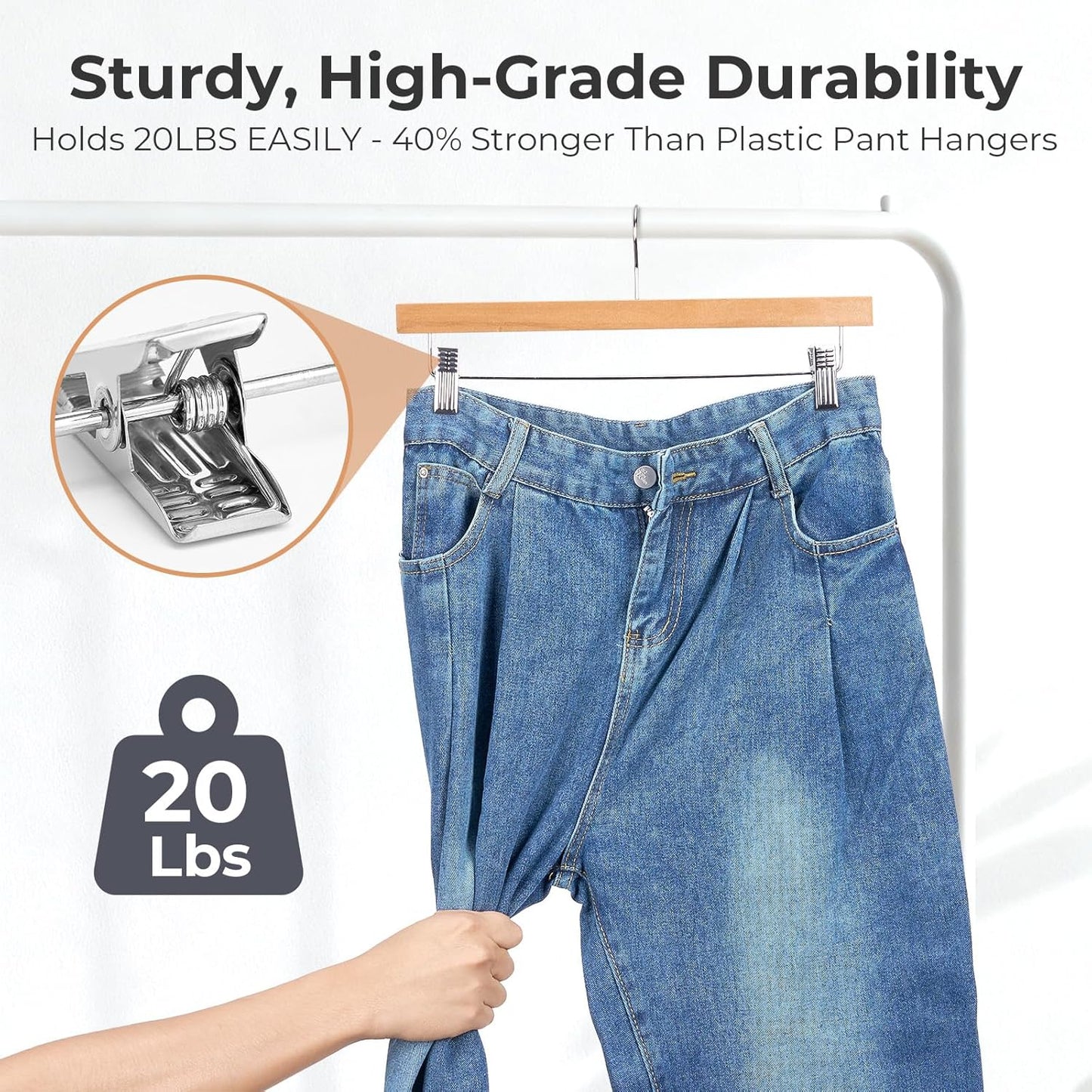 HOUSE DAY Premium Wooden Pants Hangers 100 Pack, Solid Lotus Wood Skirt Hangers with 2-Adjustable Clips, Heavy Duty & Anti Slip Wood Bottom Hanger for Slacks, Jeans, Trousers, Shorts (Natural)