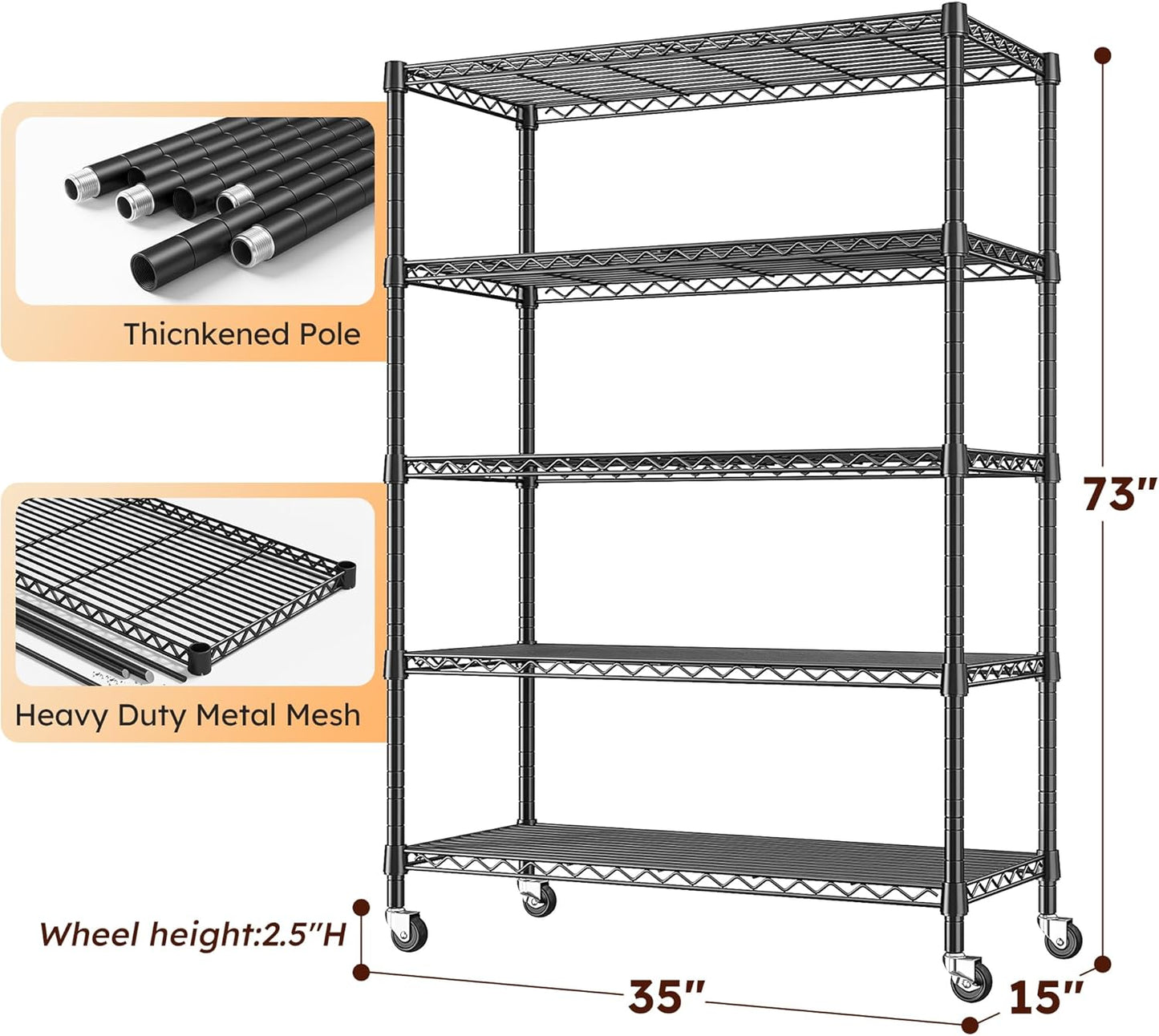 REIBII 73''H Storage Shelves 1660LBS Wire Shelving Unit with Wheels 5 Tier Metal Shelving,Heavy Duty Metal Shelves for Storage Rack,73''HX35''WX15''D