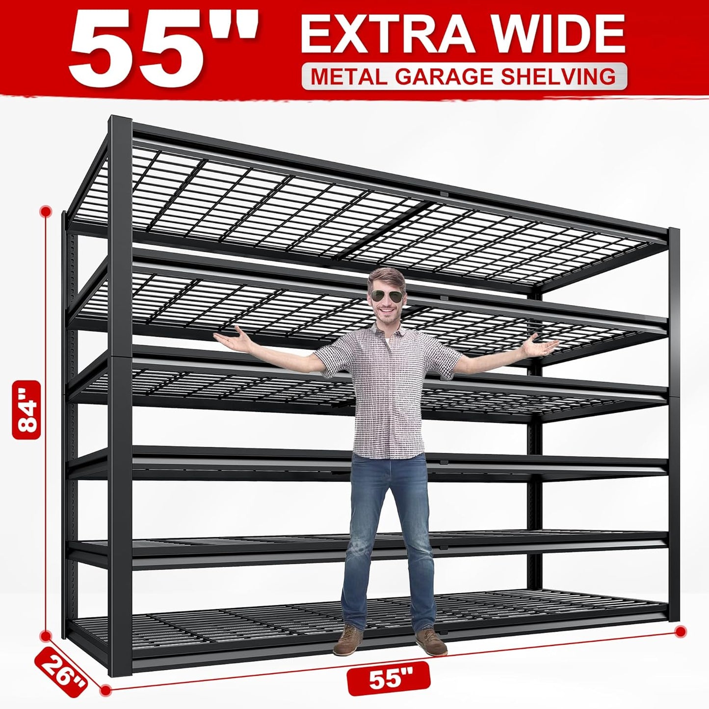 REIBII Garage Shelving 3500LBS, 6 Tier Storage Shelves, Adjustable Heavy Duty Shelving Unit, Metal Shelf for Warehouse, Basement, Pantry, Factory, 55" W x 26" D x 84" H, Black
