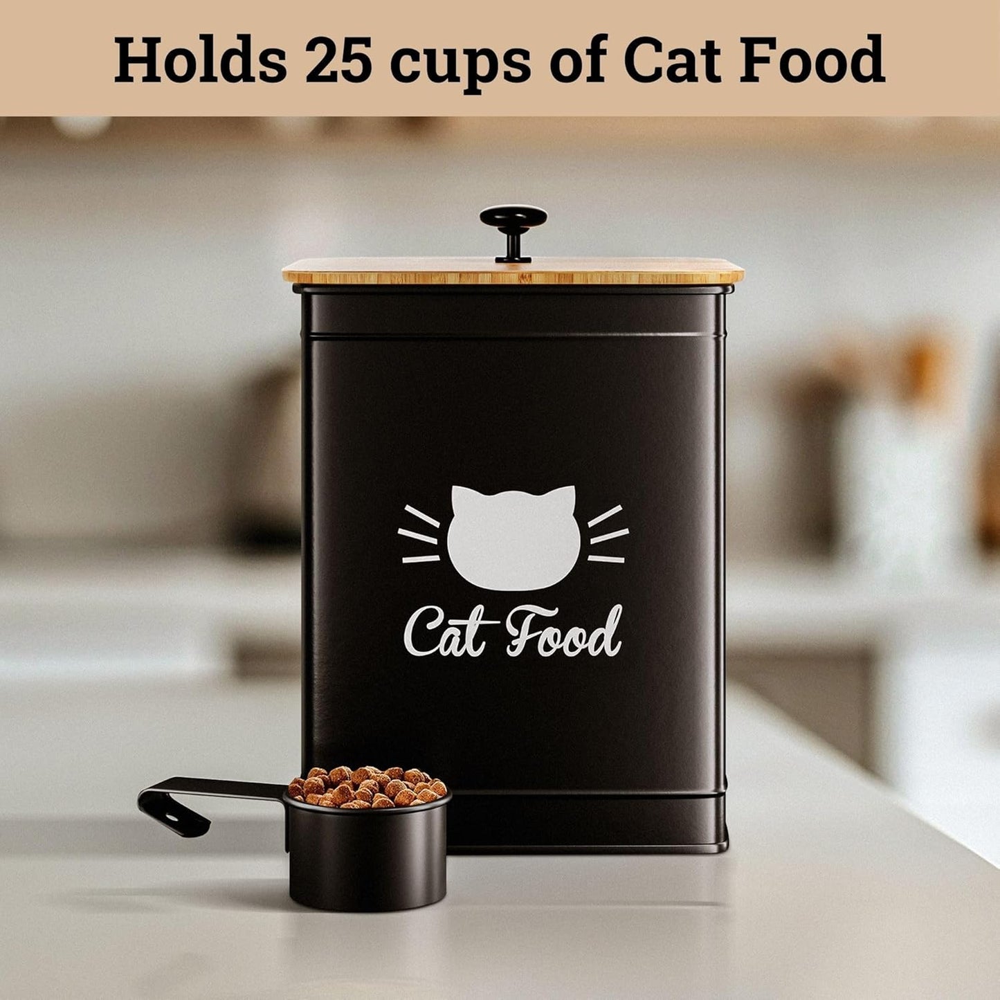 Cat Food Storage Container with Scoop - 5-7 lb (25 Cup) Capacity Metal Cat Food Container with Airtight Bamboo Lid and Metal Scoop - Airtight Pet Food Storage Containers 5 lb - 7 lb Kibble Container