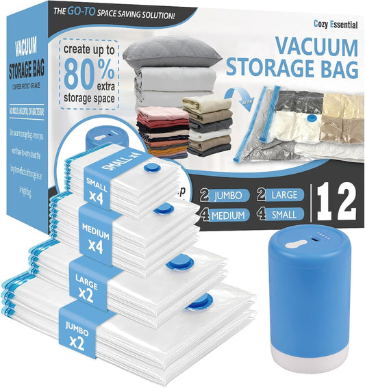 12 Pack Travel Vacuum Storage Bags with Rechargeable Wireless Electric Pump for Luggage, Suitcase, Carry-on Size Vacuum Seal Compression Space Saver Bags for Clothes and Clothing Travel