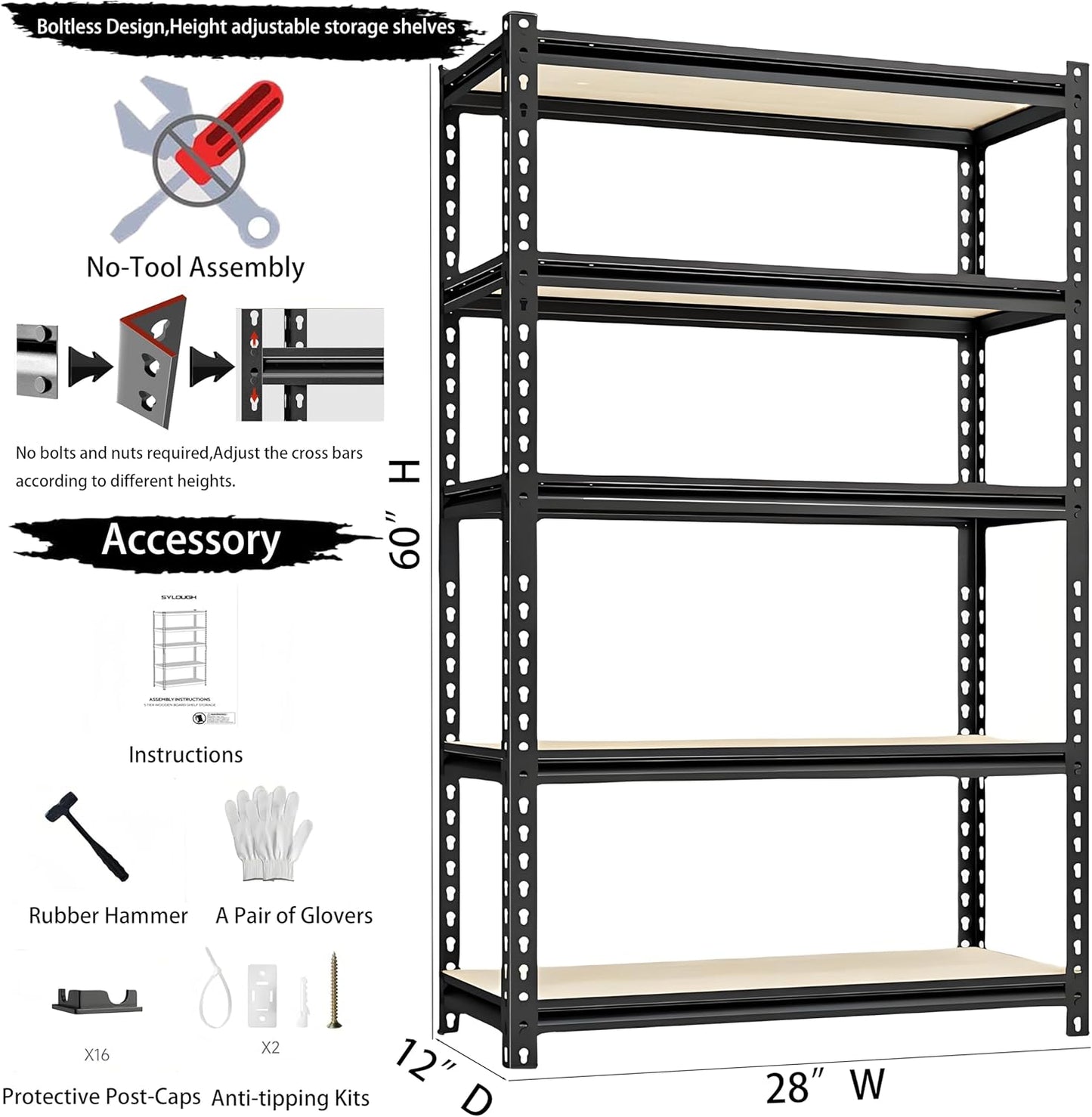 Storage Shelving Unit Heavy Duty Garage Shelves Metal Organizer Utility Rack for Kitchen Pantry Basement Pantry Warehouse Laundry 5 Tire 60" H x 28" W x 12" D 2000LBS