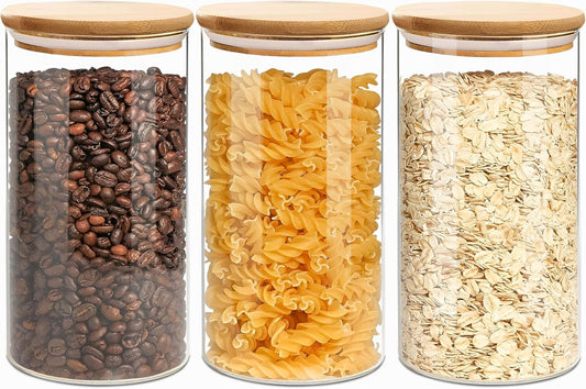 1.5 Qt Round Glass Storage Containers with Lids, Clear Food Storage Container Jar with Sealing Bamboo Lid for Noodles Flour Cereal Rice Sugar Tea Coffee Beans, Round Set of 3