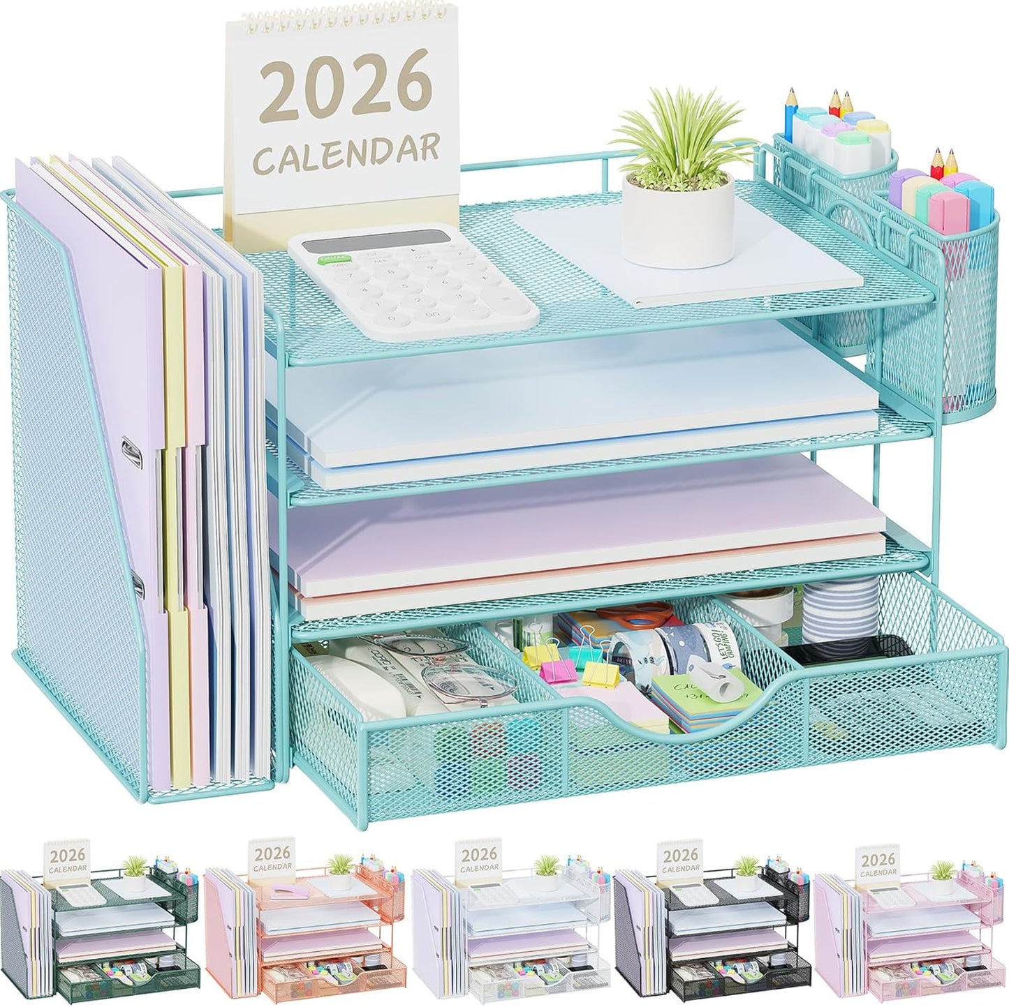 gianotter Desk Organizers and Accessories with File Holder, 4-Tier Desk Accessories & Workspace Organizers with Drawer and 2 Pen Holder, Paper Organizer for Office Supplies (Blue)