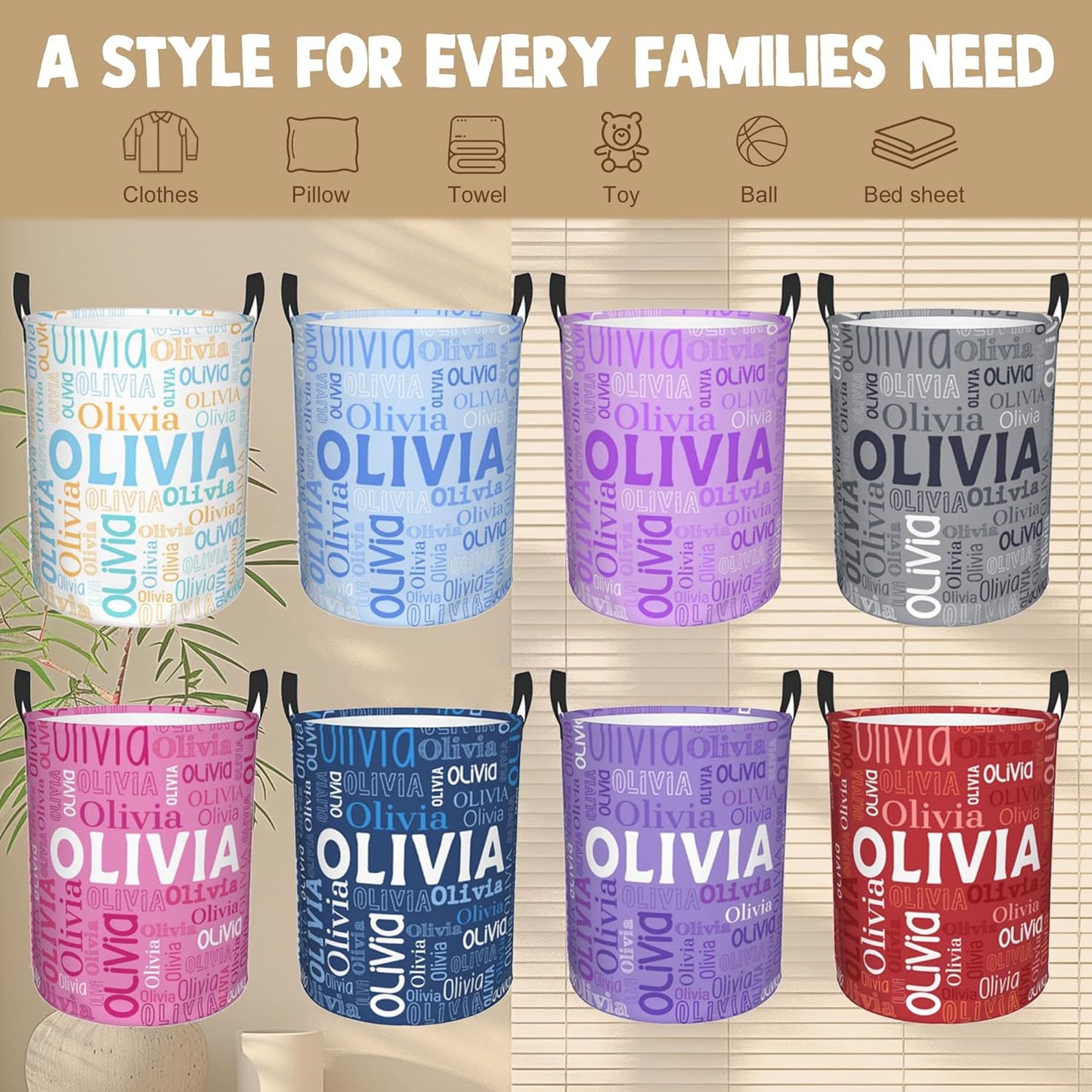Custom Name Laundry Hamper, Personalized Laundry Basket with Name for Boys Girls Kids Men Women, Customized Name Dirty Clothes Basket Gifts for Clothes Toy Bathroom Bedroom Laundry Room Dorm