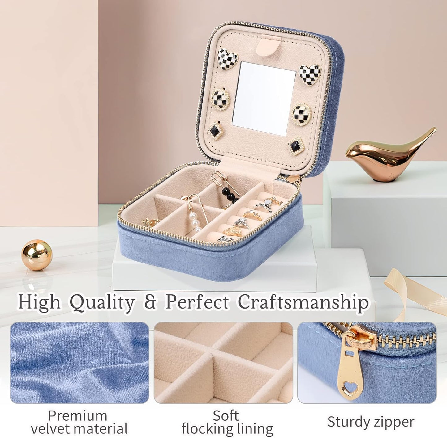 Dajasan Velvet Travel Jewelry Box, Mini Travel Jewelry Case, Small Portable Travel Jewelry Organizer Box with Mirror for Women Girls (blue), 3-layer