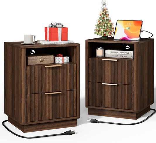 Fluted Night Stand Set of 2 with Charging Station, 18 inch Mid-Century Modern Nightstand, 2 Drawers End Table with Storage, Bedside Table for Bedroom Home Office, Curved Profile, Walnut
