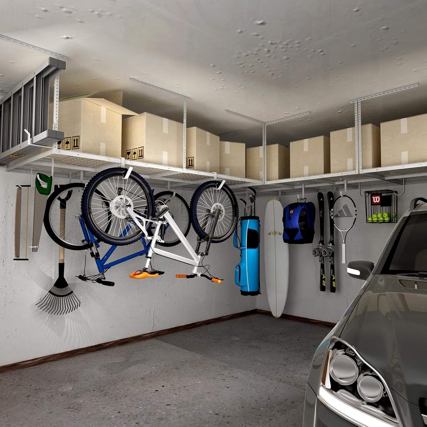 FLEXIMOUNTS 4x8 Overhead Garage Storage Rack, Adjustable Organization System, Heavy-Duty Metal Ceiling Racks, 2 pack, White, Classic Series