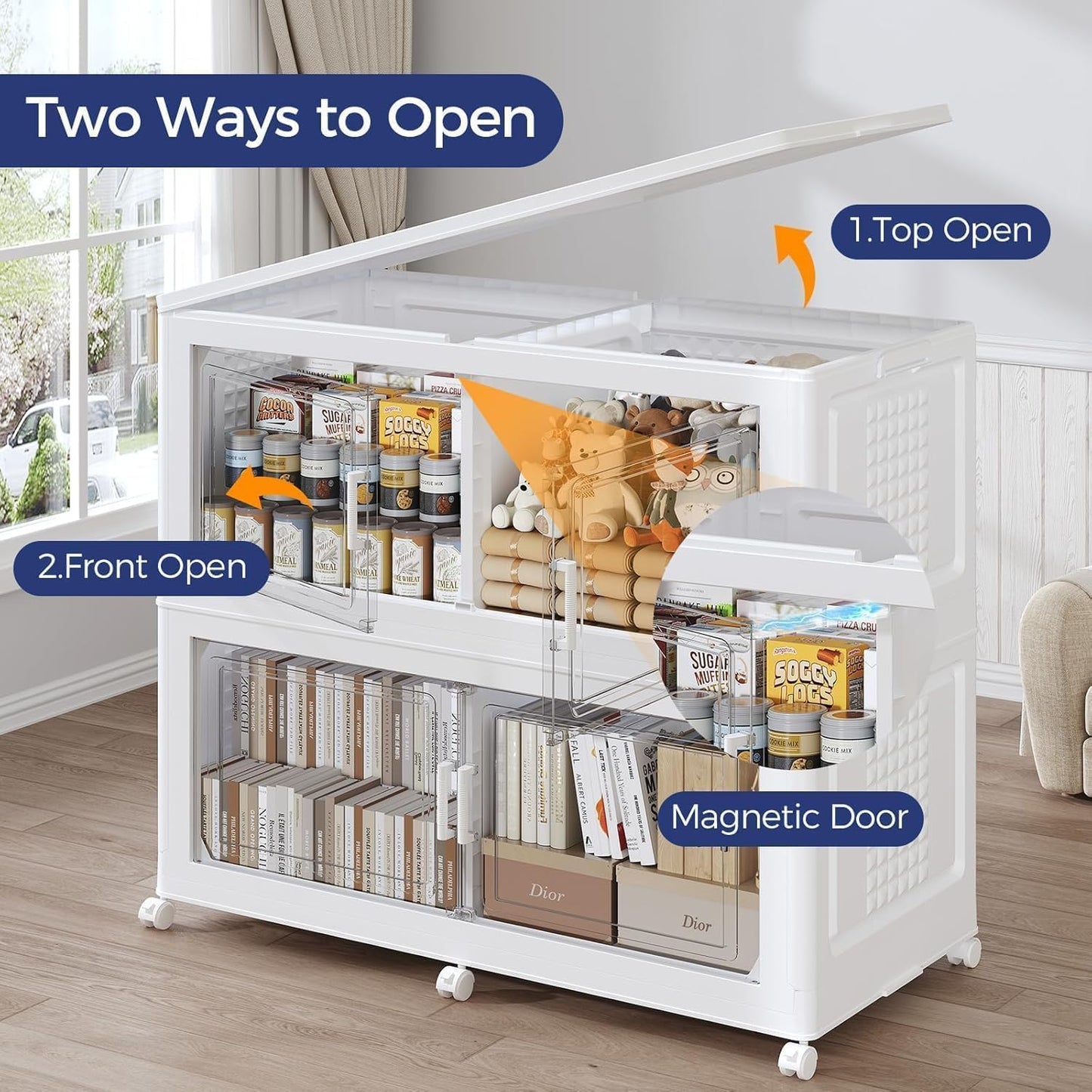 150Gal Stackable Storage Bins with Lid, 600Qt Extra Large Collapsible Storage Box with Wheels, Dividers, Folding Plastic Cabinet Closet Organizers for Home Kitchen Office Dorm, 3Pack White