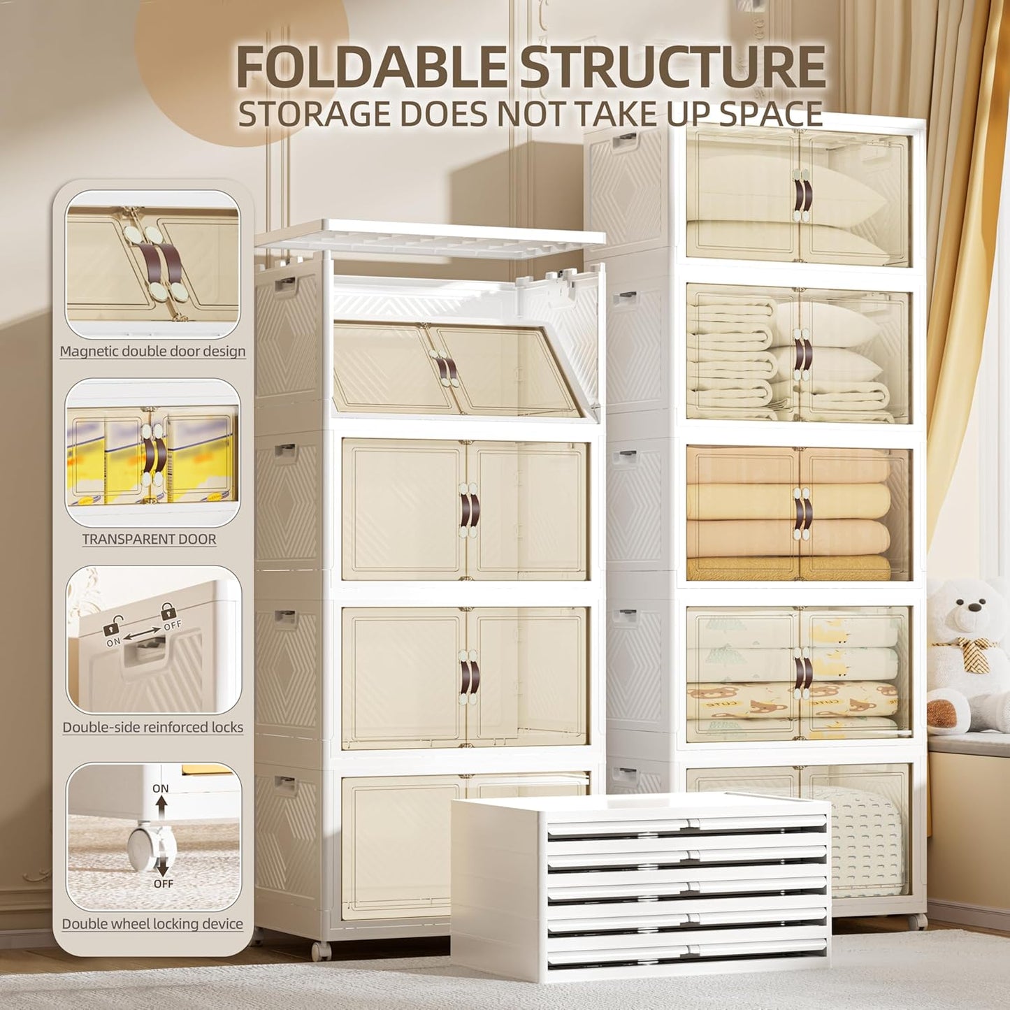 520 QT / 130 Gal Large Foldable Stackable Plastic Storage Cabinet with Double Magnetic Doors, Leather Handles & 4 Wheels - Organize Home, Office, Closet
