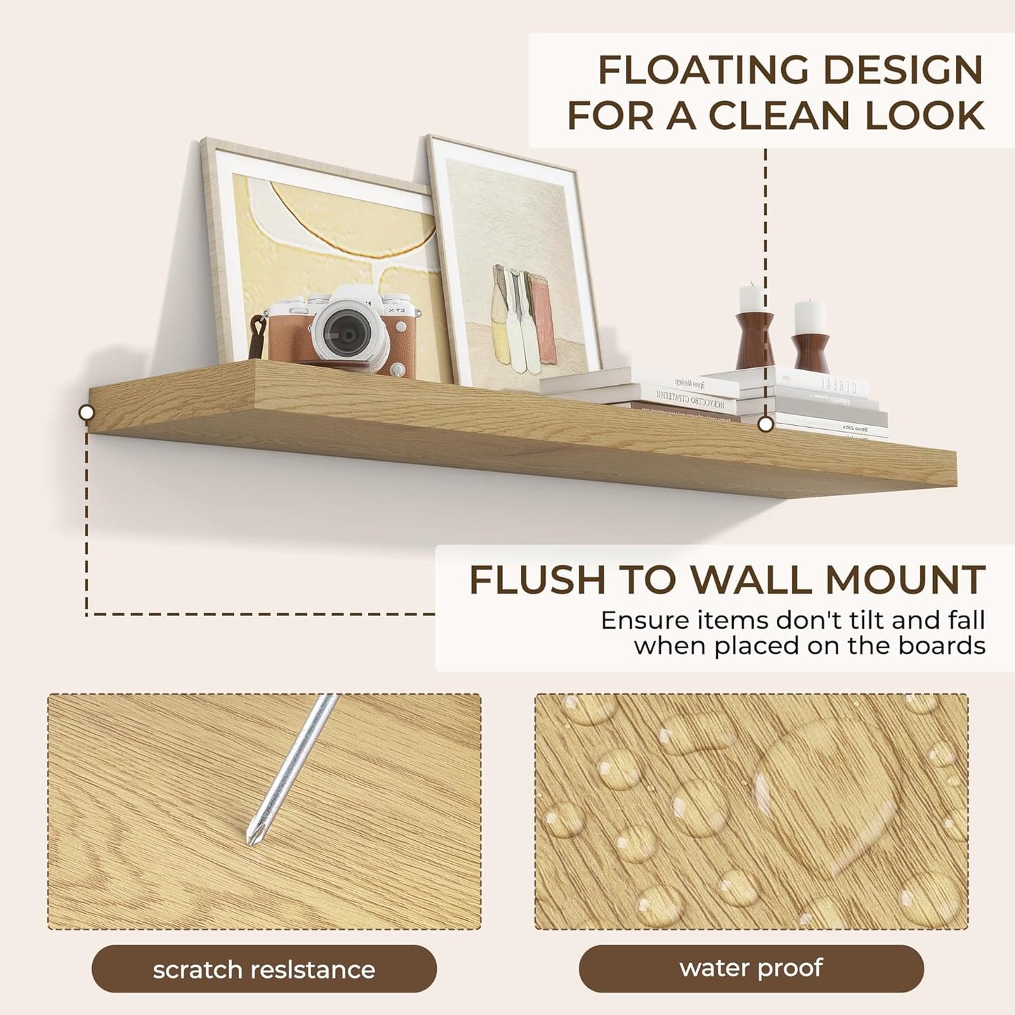 RICHFOCUS 48Inch Floating Shelves for Wall 2 Pack Shelves for Bedroom|Kitchen|Bathroom Wall Mounted Rustic Wood Floating Shelf with Invisible Brackets for Books|Storage|Decor, Oak