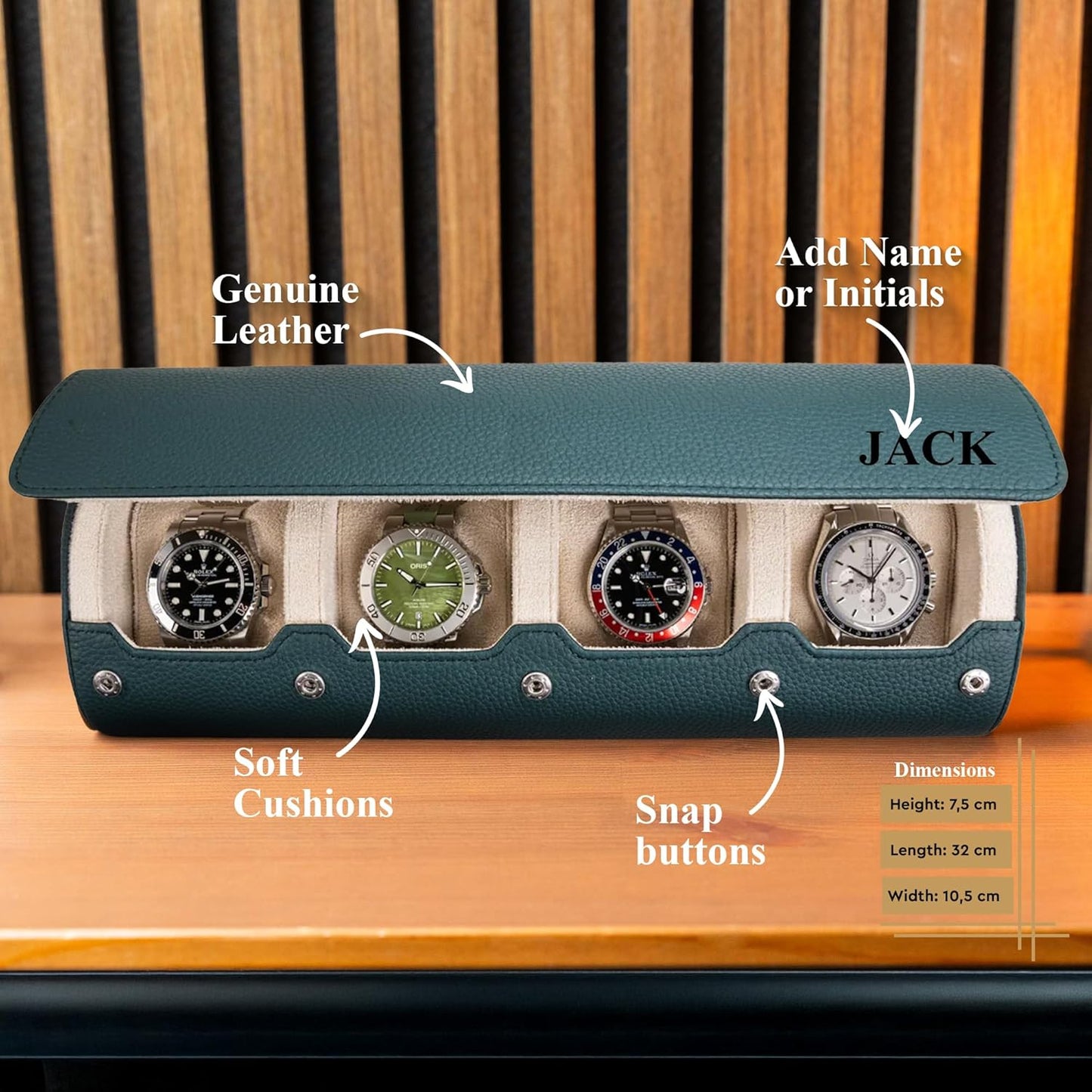 DailyWatch | Personalized Watch Roll Travel Case For 4 Watches - Handmade Genuine Leather Travel Case With Custom Engraving of Name or Initials - Dark Green Litchi