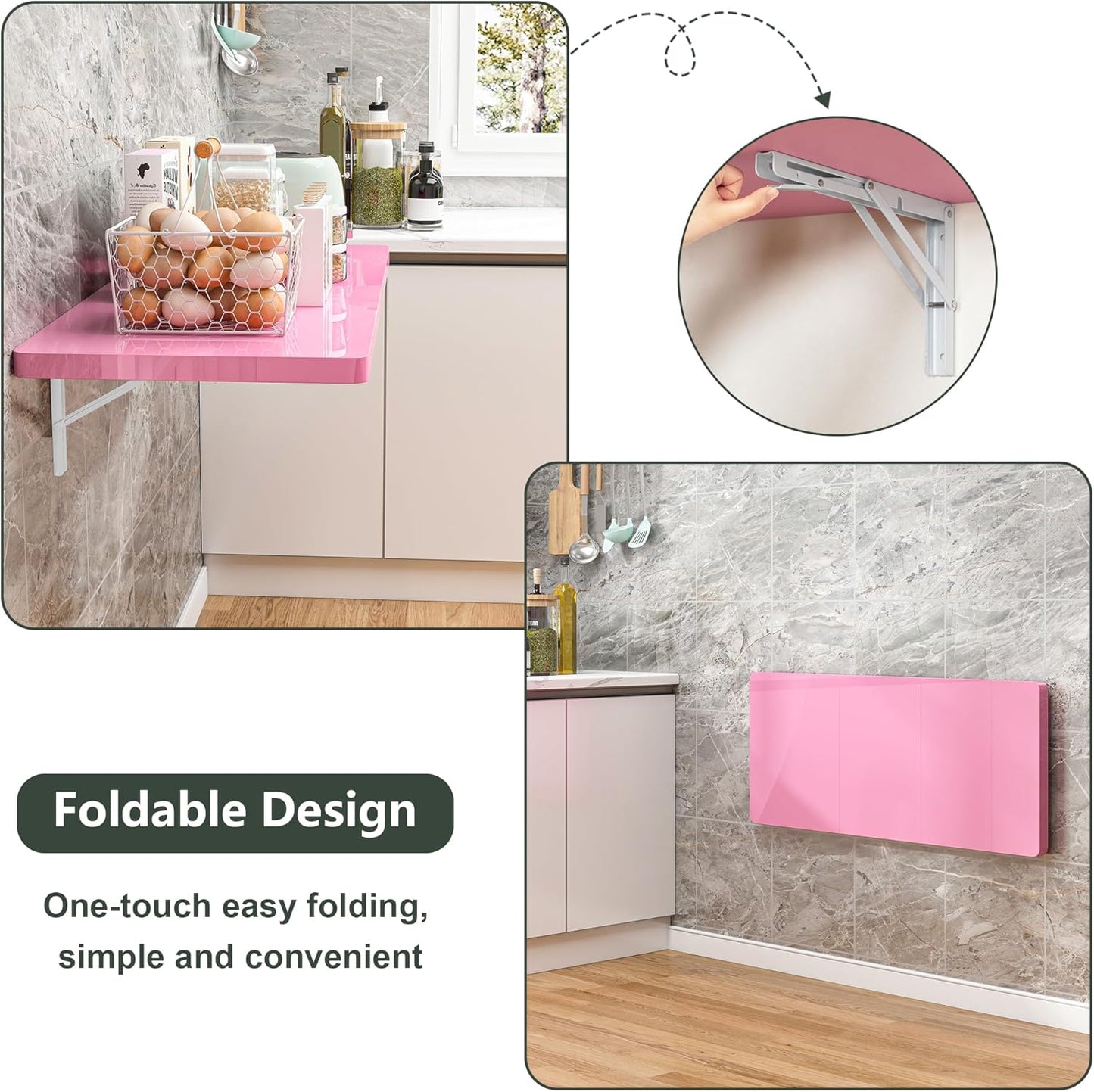 Clikuutory Wall Mounted High Gloss Folding Table, Wall Desk Fold Down for Small Spaces, Folding Workbench for Laundry Room, Home Office, Kitchen, Bedroom, Home Bar, Pink (47.2"×19.7")