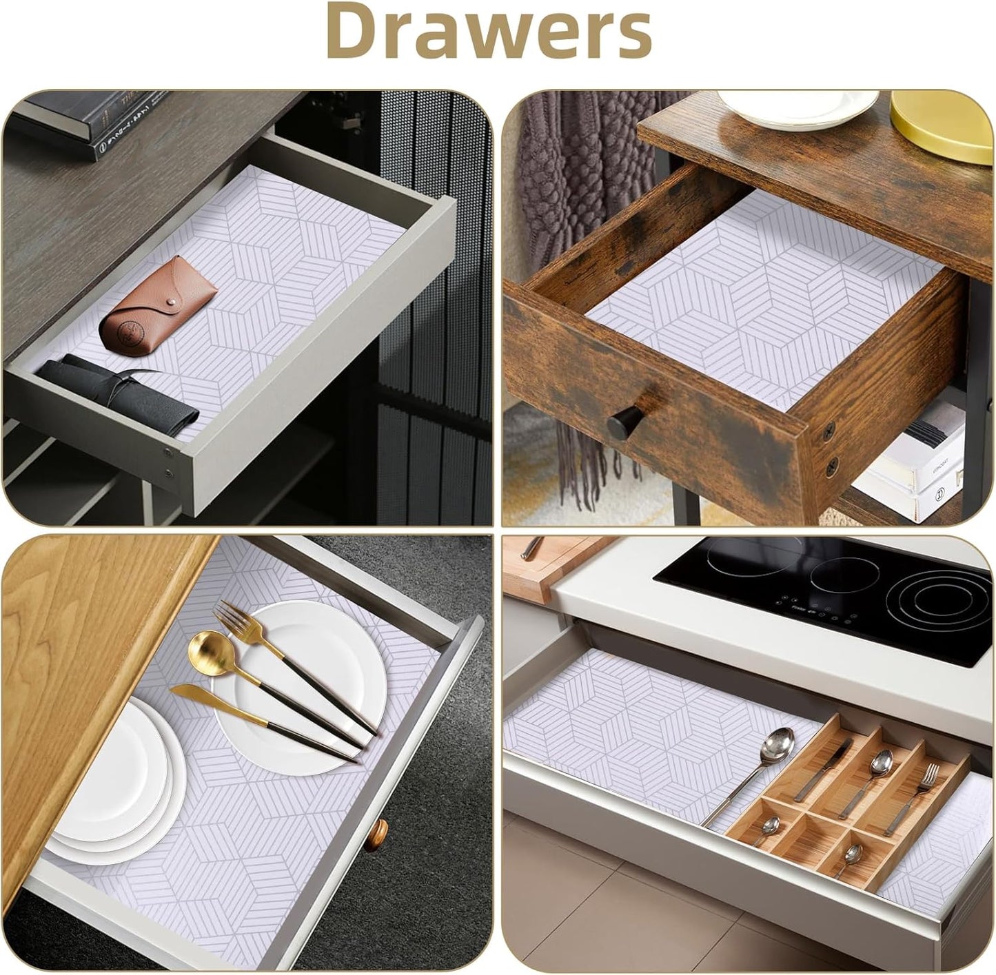 Shelf Liners for Kitchen Cabinets Non Adhesive Shelf Liner Paper Non-Slip Thickened Drawer Liner Easy to Clean for Tool Box Refrigerator with Knife and Tape Measure, Silver Geometric, 17.3 x 236.2 in