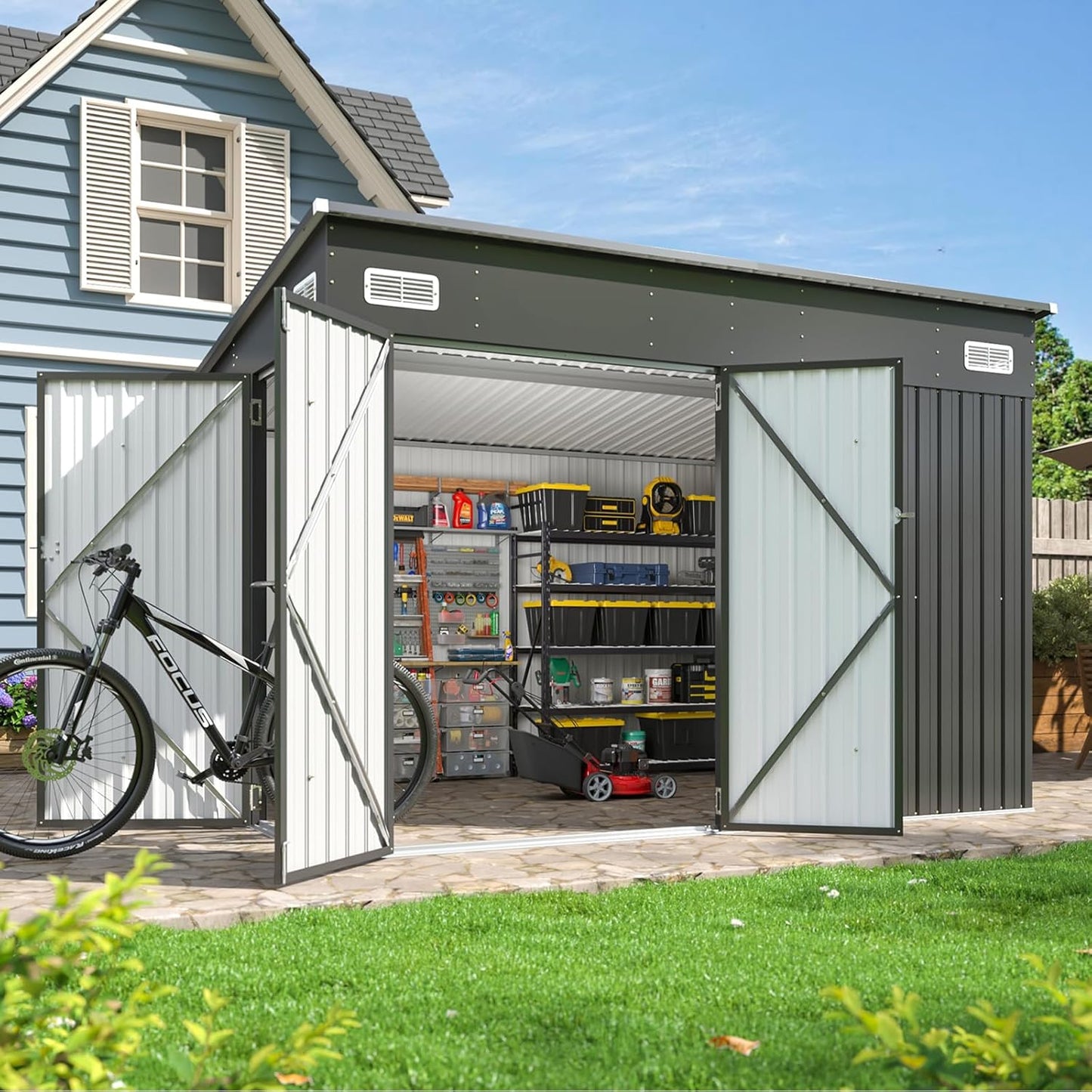 Aoxun 9.4'x7.3' Triple Door Shed Outdoor Storage Shed with Three Lockable Door for Easily Accessing Metal Storage Cabinet with Slopping Roof for Tools Bicycles Storage for Garden, Backyards (Black)