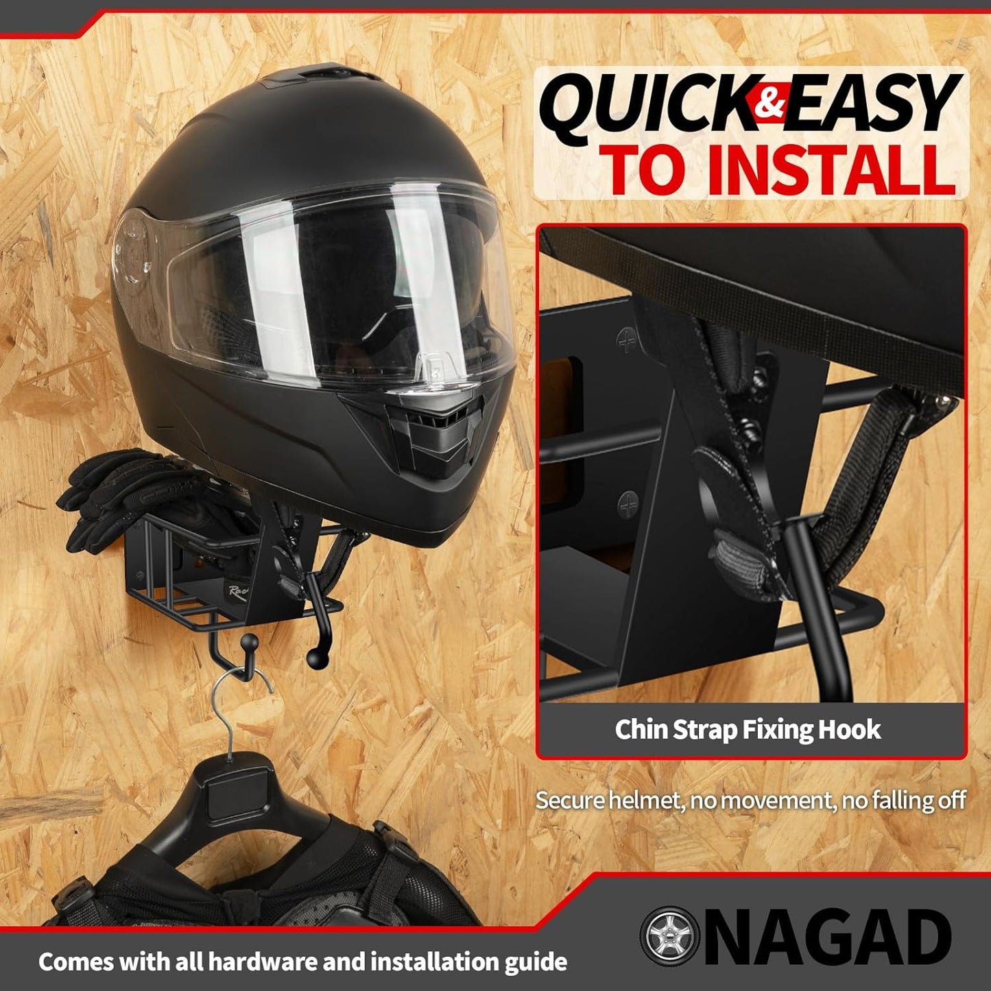 Wall Mount Motorcycle Helmet Rack with Gloves Tray, Dirt Bike Bicycle Helmet Holder Display Hanger Storage Organizer Stand Hook, Motorcycle Accessories for Enclosed Trailer, Truck,Garage and Warehouse