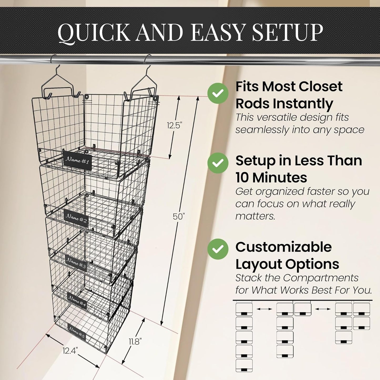 DECOLURE 5-Tier Adjustable Hanging Closet Organizer – Maximize Hanging Storage w/ 4 Hanging Hooks, 8 S Hooks & 5 Name Plates - Sturdy Foldable Wire Storage Hanging Shelves for Clothes, Towels (Black)