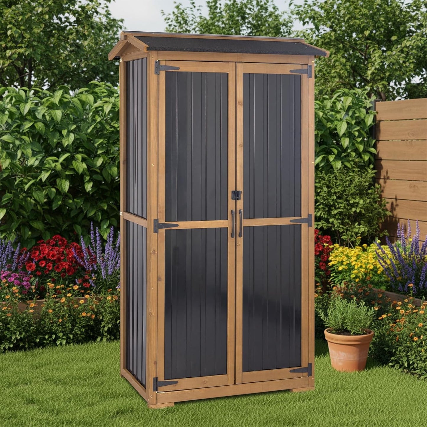 Large Outdoor Storage Cabinet, Wood Outdoor Storage Shed with Three Adjustable Shelves, Lockable Doors, Waterproof Roof, Outdoor Cabinets Garden Tool Shed, Brown, 38''x20.5''x69''