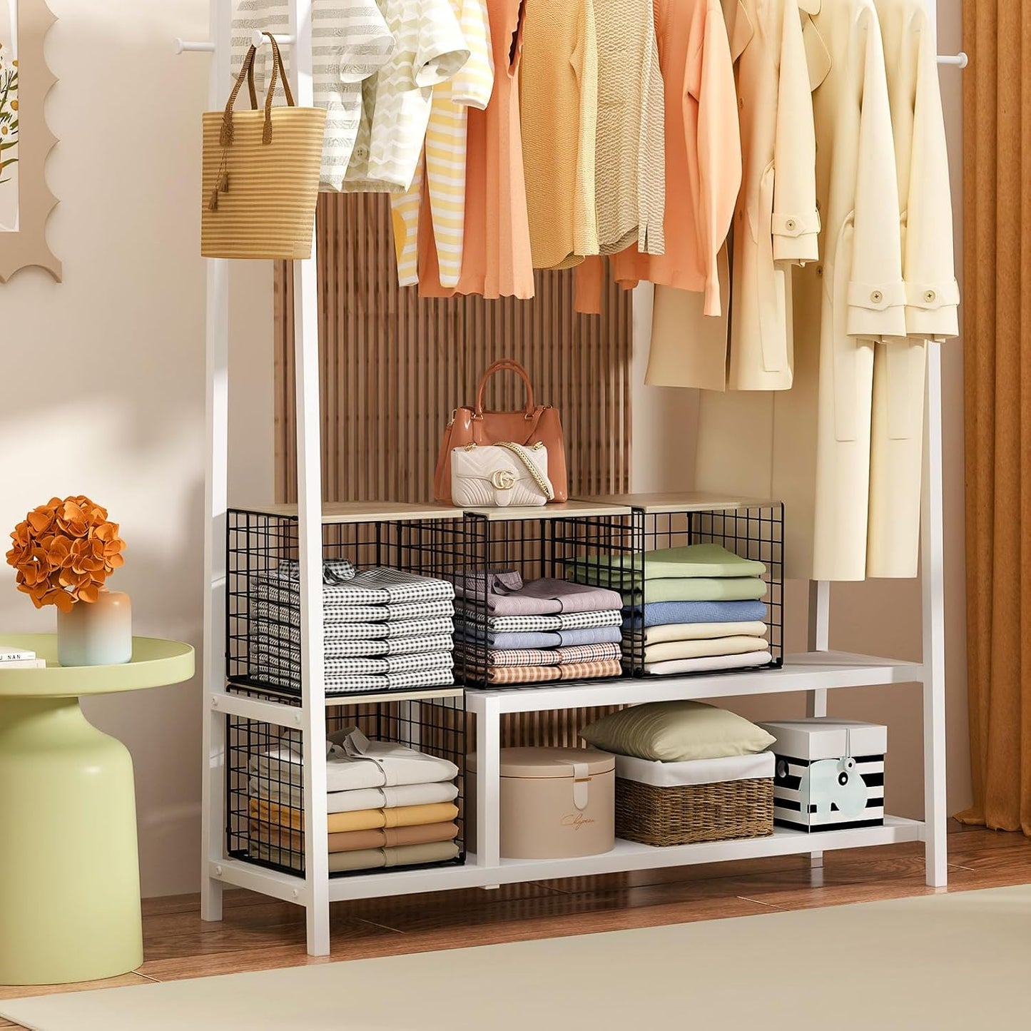 4-Tier Stackable Closet Organizers and Storage Basket, Shelves with Wood Top, Foldable Clothes Storage Bin/Cube Drawer Organizer for Wardrobe, Space-Saving, Closet Organization,Black(Patent Pending) ﻿