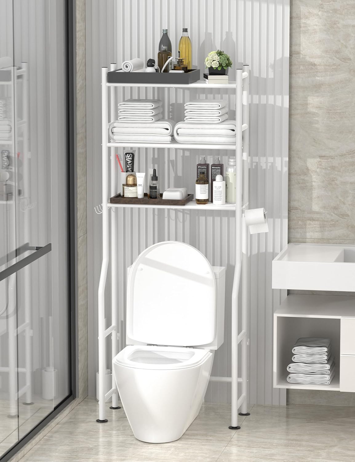 3-Tier Over The Toilet Storage, Freestanding Metal Bathroom Shelves with 4 Hooks, Over Toilet Storage Shelf with Paper Holder, Above The Toilet Shelf for Bathroom Storage, White