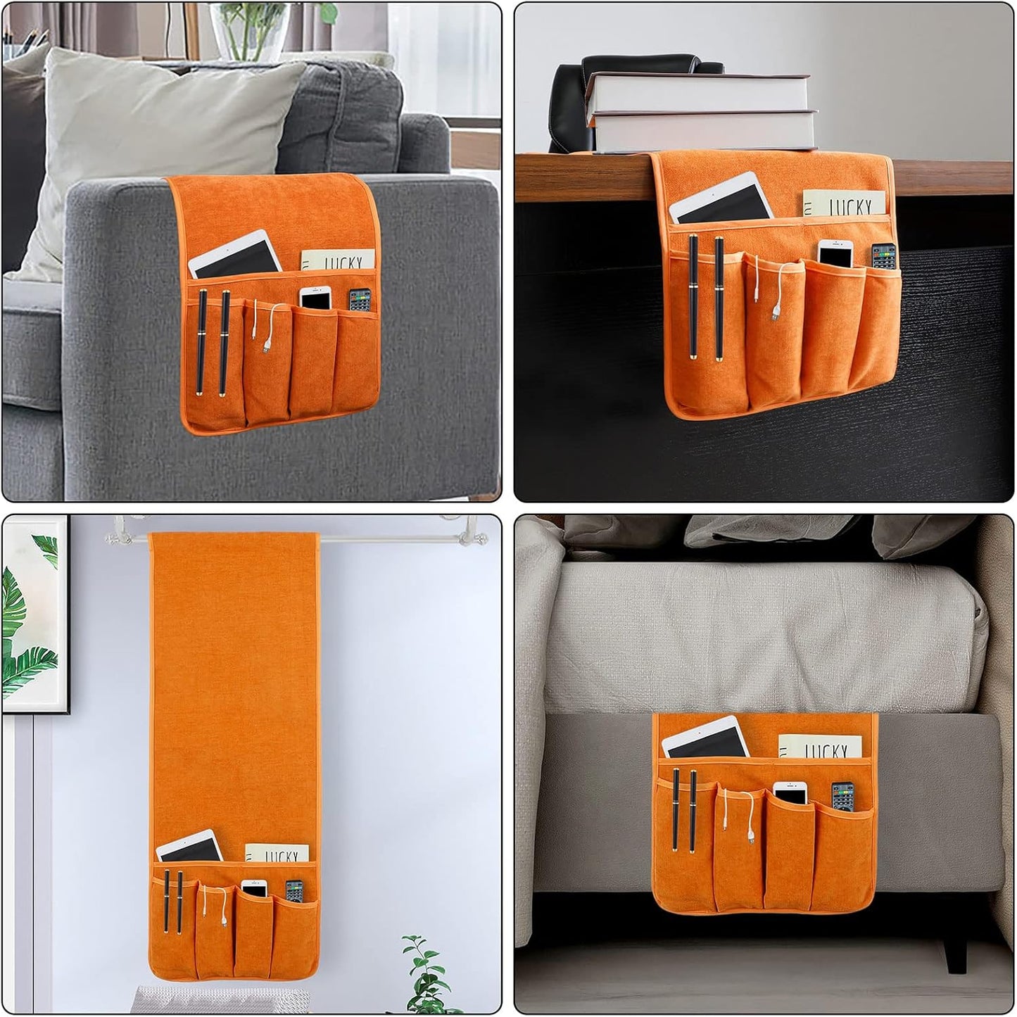 NB Sofa Armrest Organize remote holder bedside caddy organizer with 5 pockets，non-slip couch remote control holder couch armchair caddy accessories (Orange, 35"x12.4")