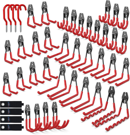 3-H Garage Wall Hooks 45 Pack, Garage Hooks Heavy Duty with Extra Welding Spots, Garage Organizer for Garden, Lawn, Chairs, Ladders, WeedEater, Shovel (Red)