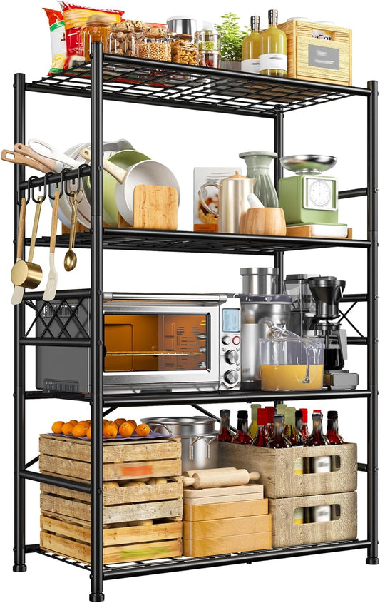 Storage Shelves 4-Tier Large Capacity Metal Shelving with Hooks, Heavy Duty Garage Shelving Unit with Leveling Feet, Stable Metal Shelves for Pantry, Kitchen and Closet,36" W x 12" D x 60" H, Black