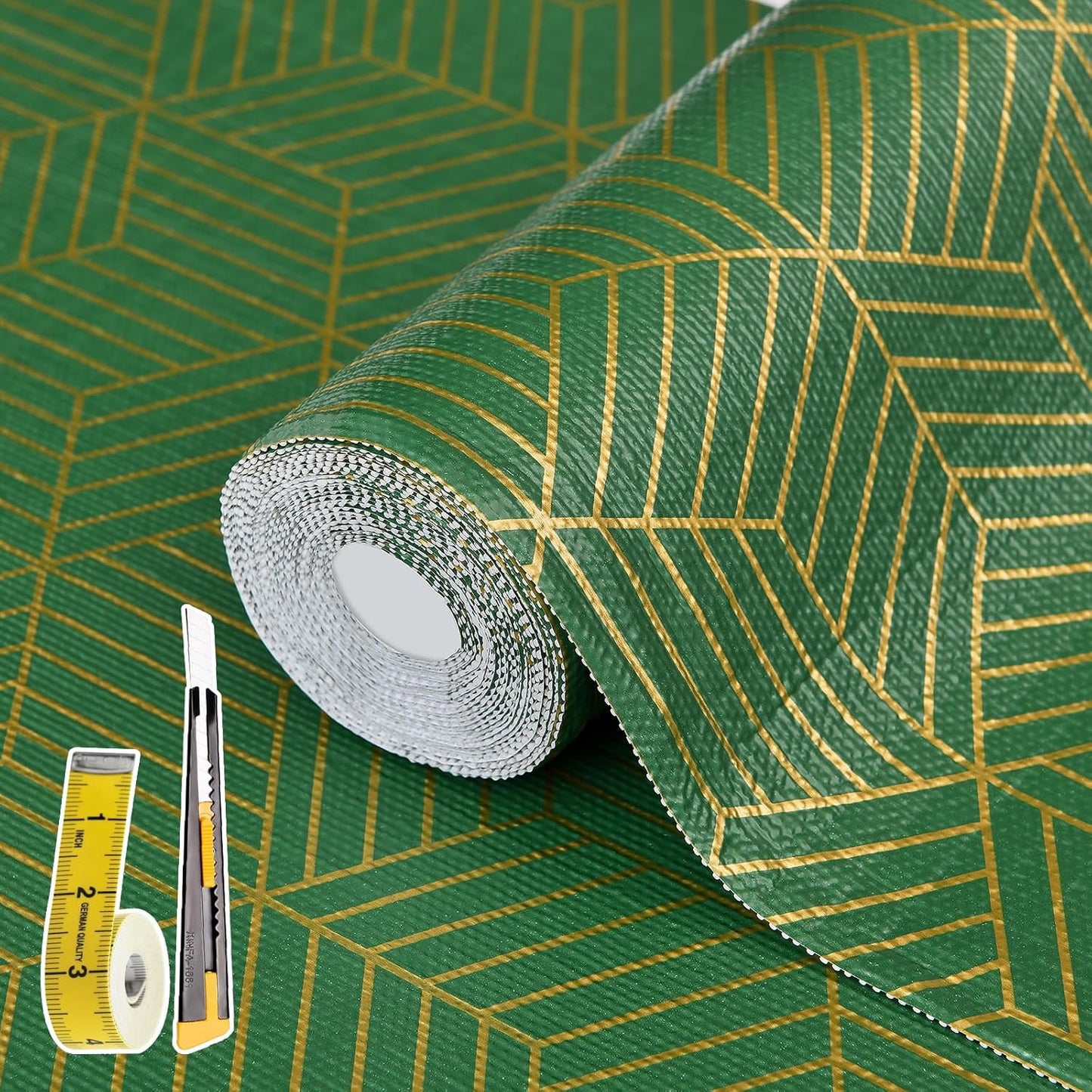 Shelf Liners for Kitchen Cabinets 17.5in x 20FT, Non Adhesive Cabinet Liner Strong Non-Slip Thickened Gold Green Geometric Drawer Liner, Easy to Clean for Shelf, Cabinet with Knife and Tape Measure