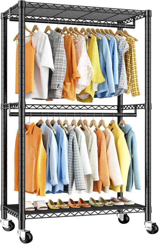 Raybee Clothing Rack with Wheels,Clothes Rack for Hanging Clothes,Portable Closet,2 Shelves,Black