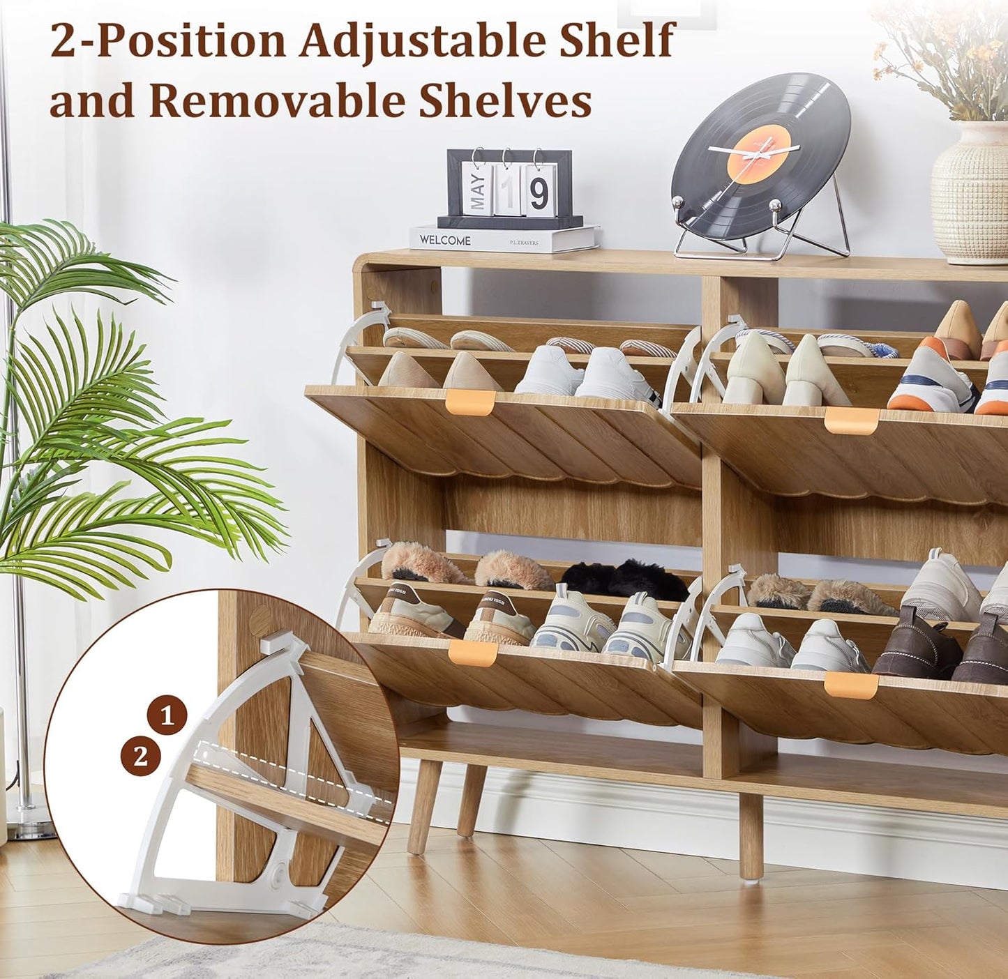 ORRD Shoe Storage Cabinet for Entryway with 4 Flip Drawers, Freestanding Narrow Wood Shoe Cabinet with Wave Panel, Hidden Shoe Organizer for Foyer, Hallway (Natural)