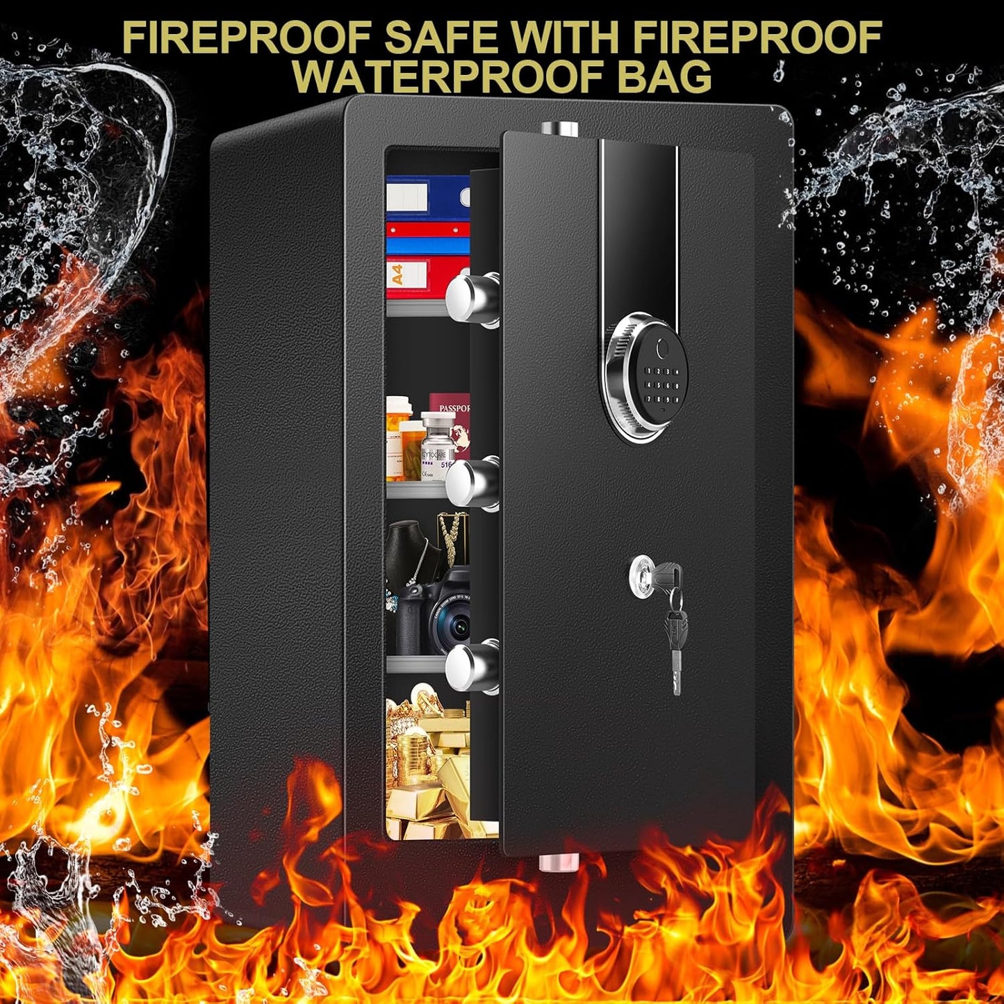 23.62" Tall Biometric Safe Box with Fireproof Waterproof Bag, 2.6 Cuft Fireproof Safe Large Document Storage Anti-Theft Dual Alerts, Mute Mode, Digital Security for Business