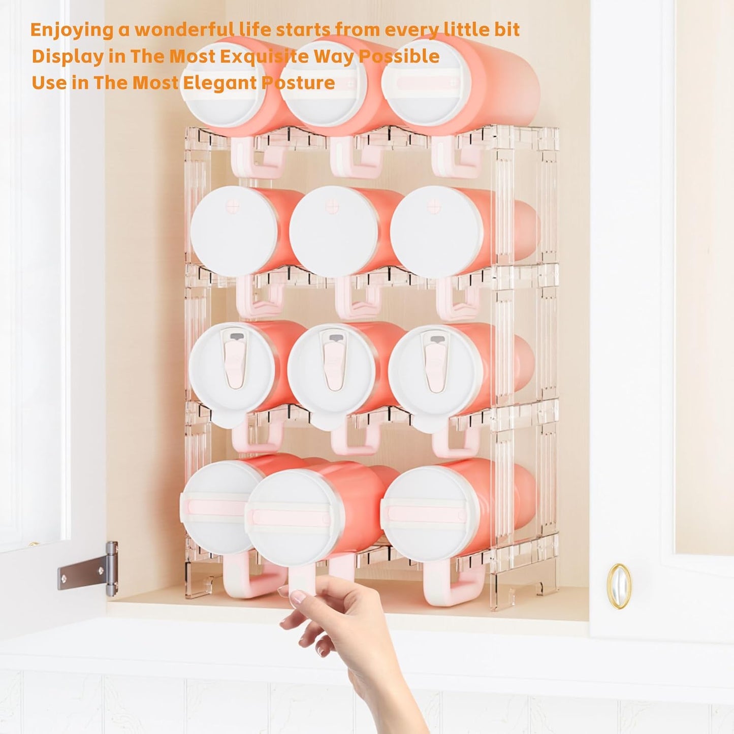 Yieach Stackable Water Bottle Organizer for Cabinet Yeti or Stanley Storage Organizers - Larger Compartment for 40 oz Stanley Cup Holder and Other Tumbler Organizers,Waterbottle Rack for Pantry,4 Tier