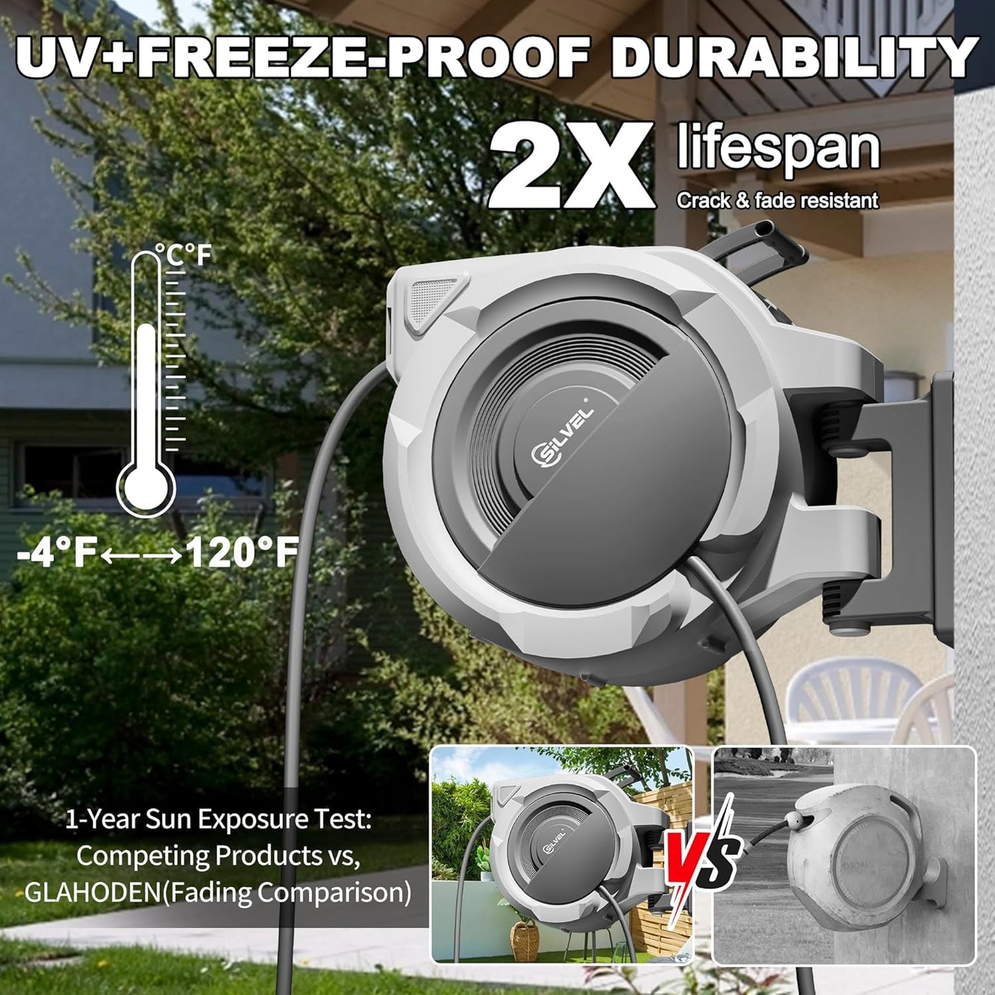 SILVEL Retractable Garden Hose Reel – 1/2 in x 150FT Heavy Duty Automatic Hose Reel Wall Mounted, Upgraded UV Resistant with 10 Pattern Nozzle, Any Length Lock & Slow Return System, 180°Swivel Bracket