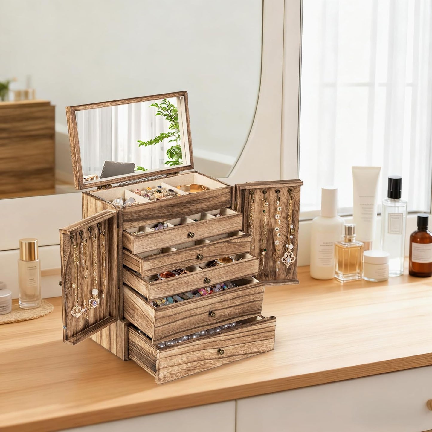 Emfogo Wooden Jewelry Box for Women, 6-Tier Large Jewelry Organizer Boxes with Mirror Rustic Solid Wood jewlery Storage Display for Rings Earrings Necklaces Bracelets watches(Carbonized Black)