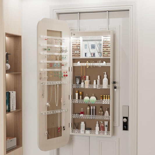 Montary Door or Wall-Mounted Jewelry Cabinet with Full-Length Mirror - Lockable Storage Organizer with Built-In LED Lighting, Hidden Jewelry Armoire for Bedroom & Closet, White
