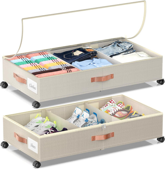 Under Bed Storage with Wheels, 2 Pack Under Bed Storage Containers with Dividers & Clear Lids, Under the bed storage Organizer Bins,Underbed Storage with Wheels for Clothes,Toys,Shoes (White, 2 Pack)