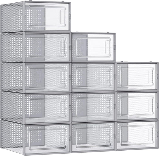 SONGMICS Shoe Boxes, Pack of 12 Shoe Storage Organizers, Stackable Clear Plastic Boxes for Closet, Sneakers, 13.1 x 9.1 x 5.6 Inches, Transparent and Gray ULSP006G12