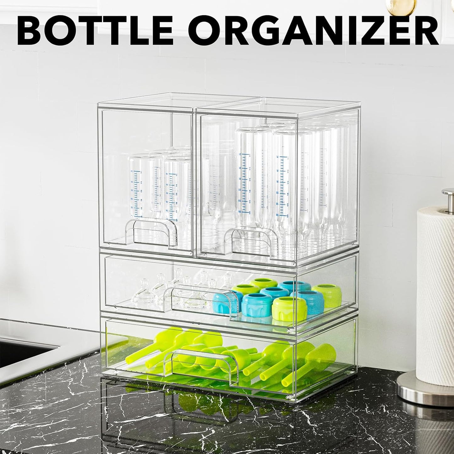 SpaceAid Bottle Storage Organizer Baby - Acrylic Bottles Station Organizer Container, Stackable Clear Drawers for Countertop, Vanity, Bathroom, Cabinet, Pantry Organization, 4 Pack, 2M2L, 14.4" H