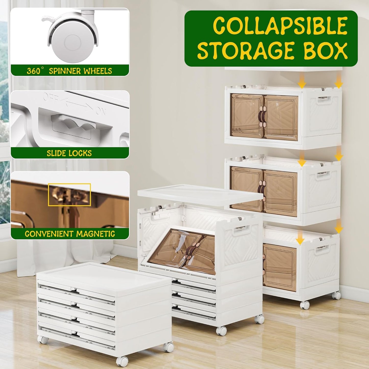 Storage Bins with 2 Lids and Wheels, Collapsible Bathroom Storage Cabinet with Clear Doors, Plastic Stackable Closet Organizers and Storage Containers White 942 QT