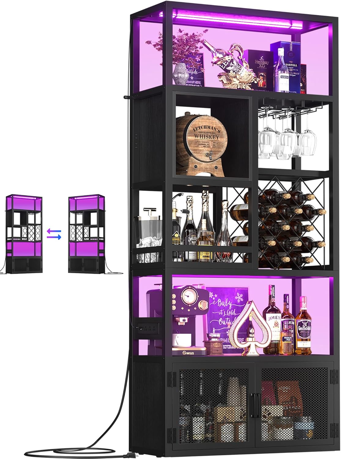 82.6" Tall Bar Cabinet with Power Outlets, 6-Tiers Reversible Wine Cabinet with LED Lights, Glass Holder & Wine Rack, Liquor Storage Cabinet Coffee Bar Unit Station for Dining Living Room, Black
