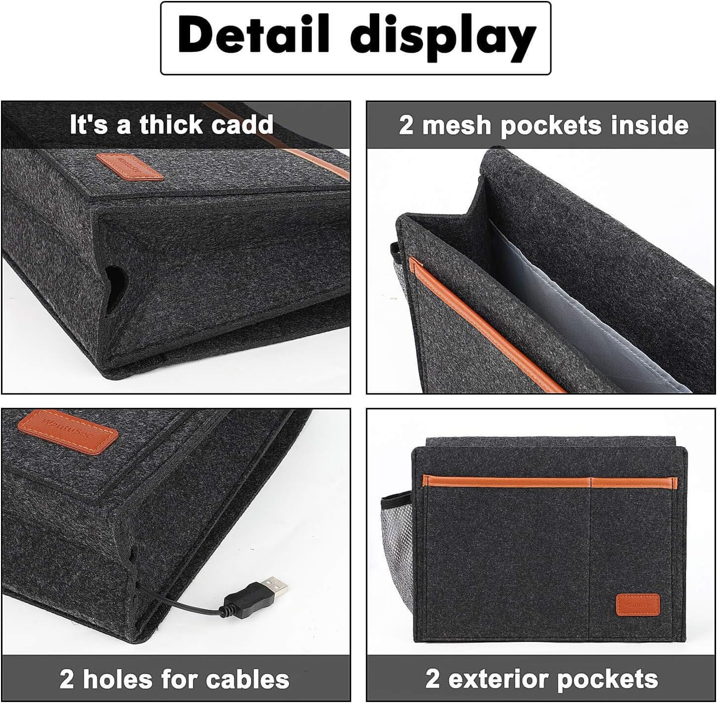 Bedside Caddy, Bed Storage Organizer for Remote Controller, Books, Magzine, Laptop Holder, 12.4'' x 8.6'' inch Bedside Hanging Felt Storage Bag for Dorm Bed with 5 Pockets, Dark Gray