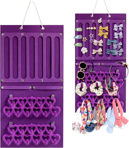 Storage Holder Display Board Felt Wall Hanging Jewelry Organizer with Detachable hooks Headband Holder for Girls Hair Clips Hair Ties Earrings Necklace Home Decor Purple