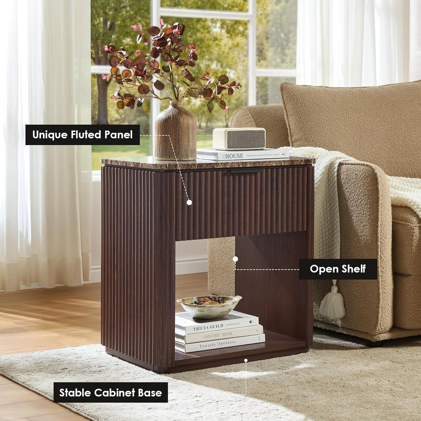 Fluted Nightstand with Drawer, Bedside Table with Faux Marble-Top, Engineered Wood Side Table with Open Shelf, Curved Corners, Metal Handle, Modern Night Stand for Bedroom, Small Spaces, Dark Oak