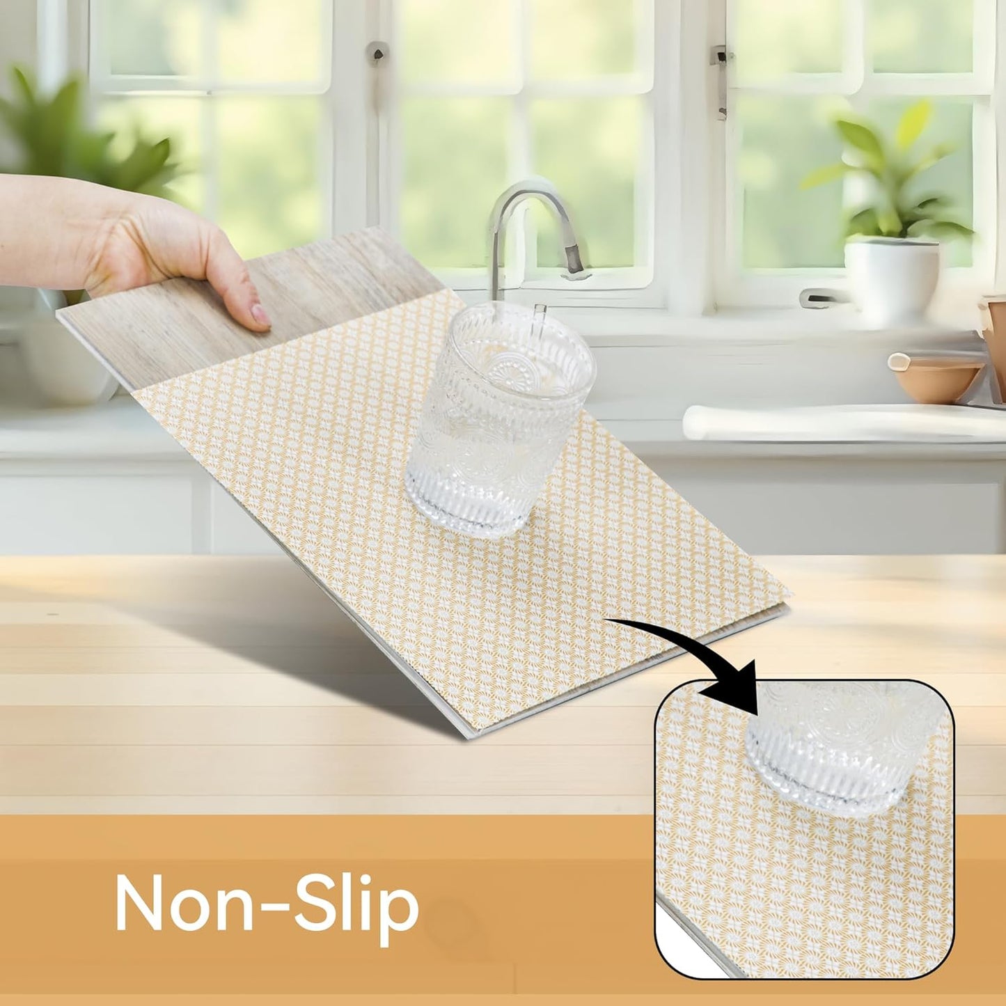 FIFTY FEET 18"x96" Non-Adhesive Shelf Liner for Kitchen Cabinets and Drawers, Washable Non-Slip PVC Cabinet Liner (Yellow Circle)(1 Roll)